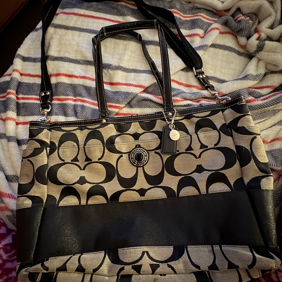 Coach Black and Grey Signature Tote with Leather Accents - Picture 1 of 16